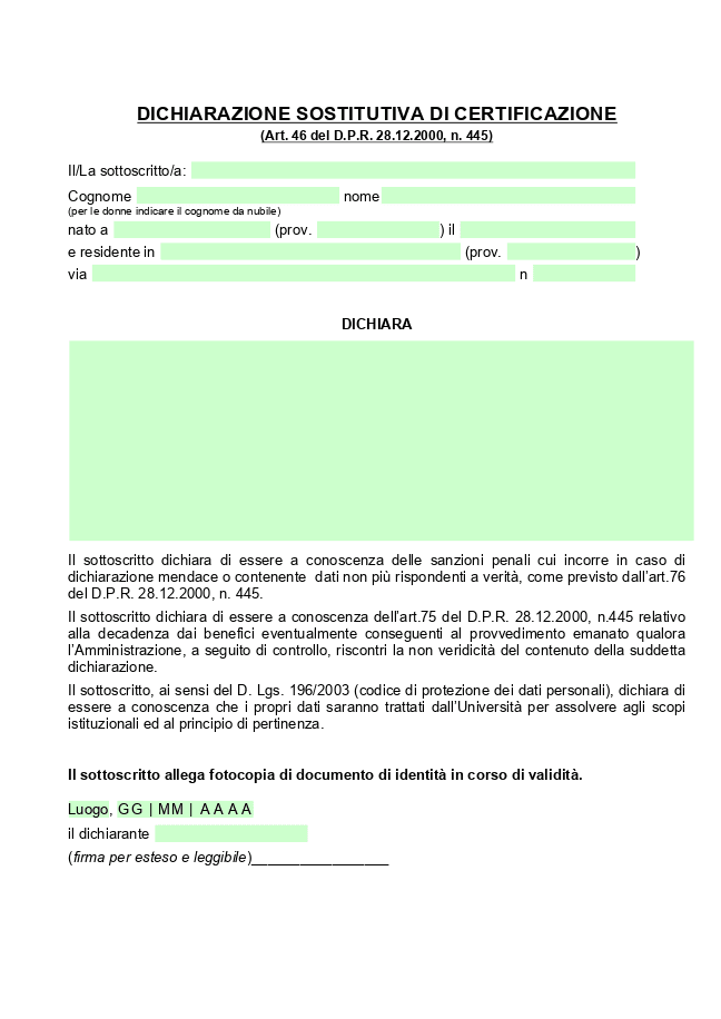 Modulo Dichiarazione sostitutiva di certificazione