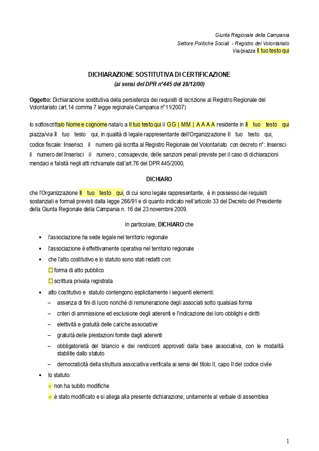 Modello Dichiarazione sostitutiva di certificazione Campania