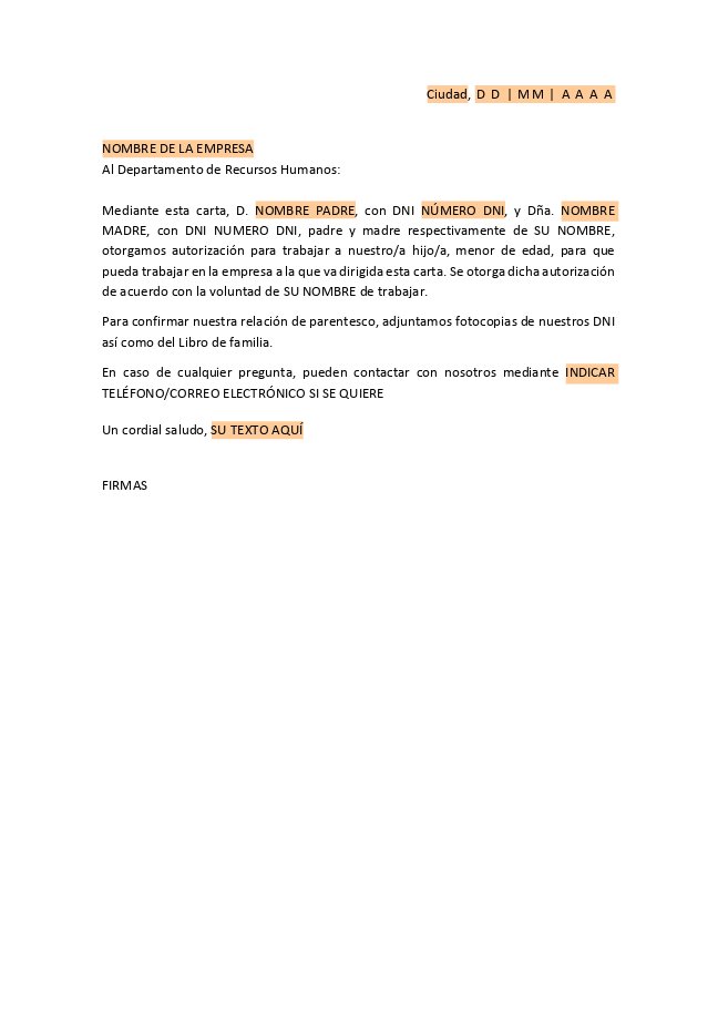 Formulario Carta de autorización de padres para el trabajo de menores