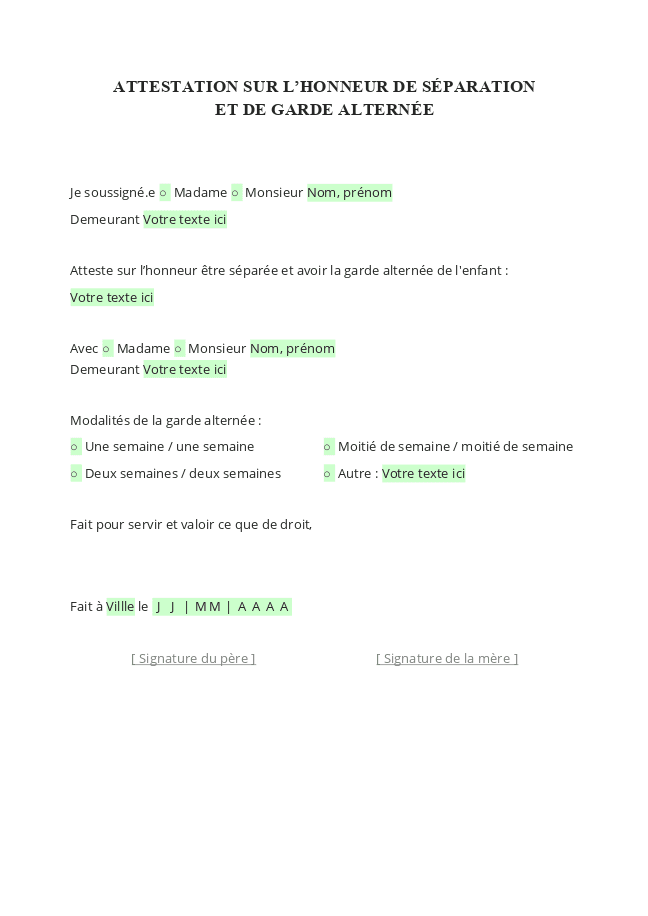 Formulaire lettre garde alternée amiable