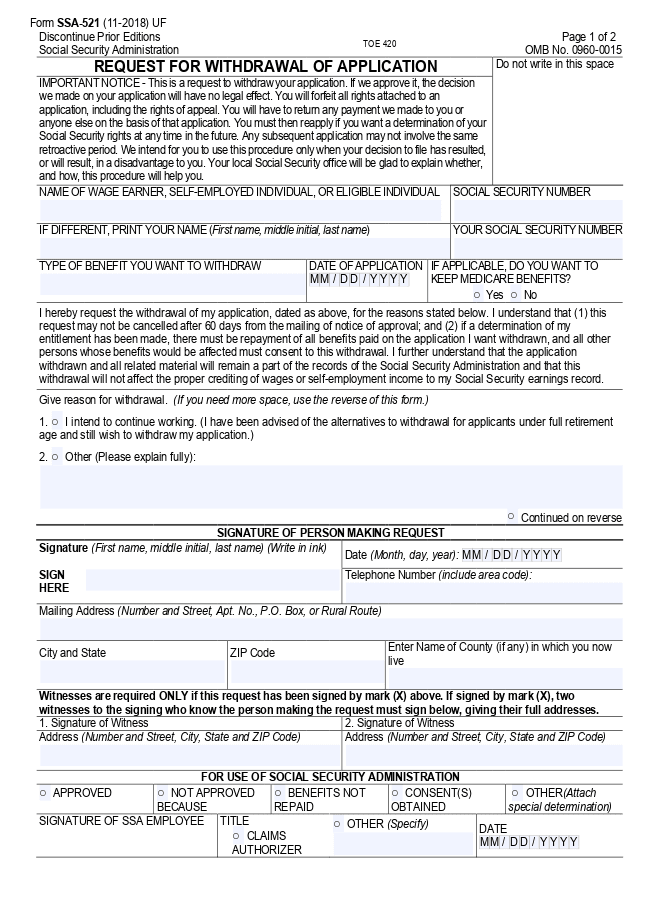 Form SSA 521 (Request for Withdrawal of Application)