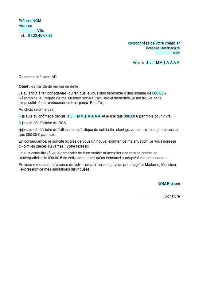 Formulaire demande de remise de dette