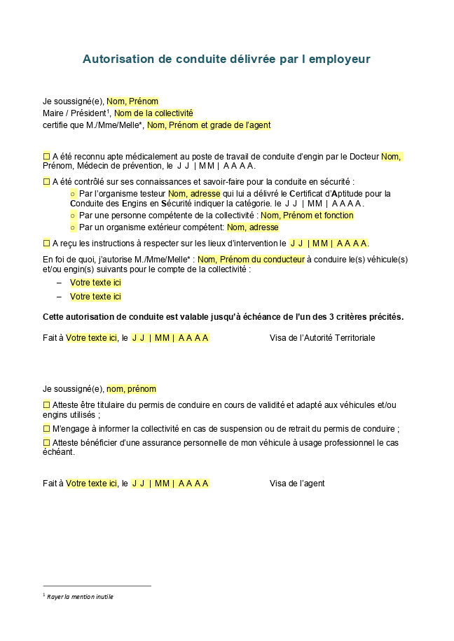 Formulaire autorisation de conduite délivrée par employeur