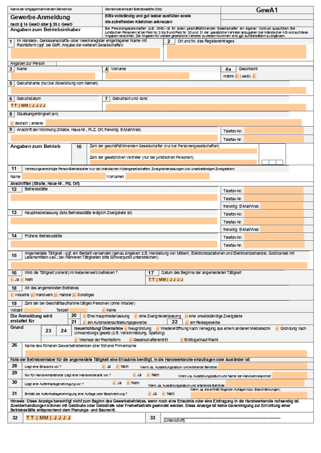 Formular für Gewerbeanmeldung