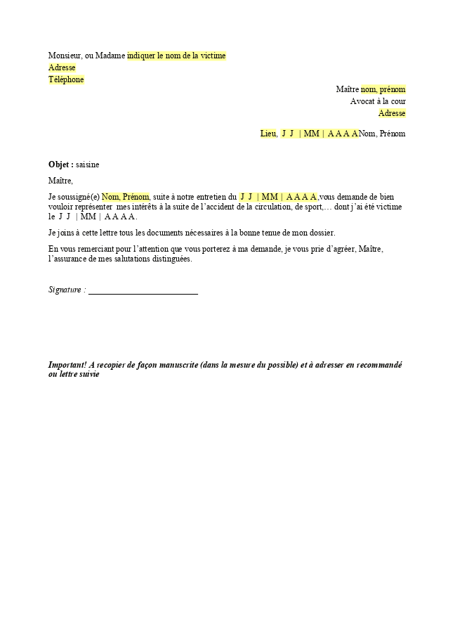 Formulaire lettre pour saisir un avocat