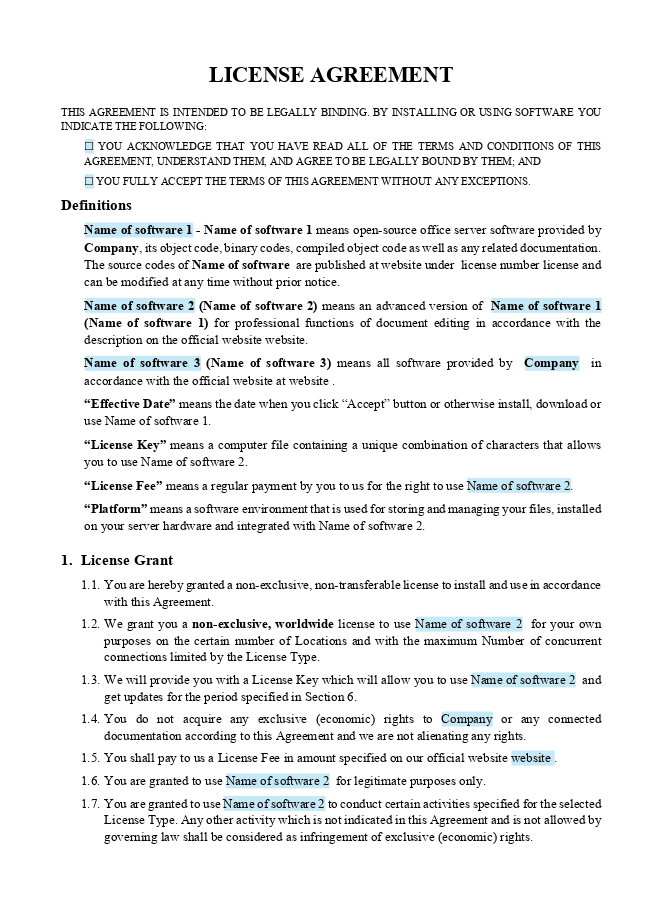 Software License Agreement form