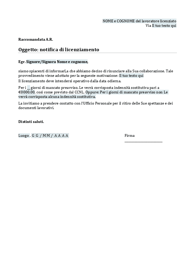 Modulo Lettera di licenziamento
