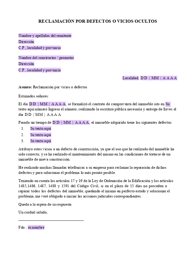 Formulario Carta de reclamación por defectos o vicios ocultos