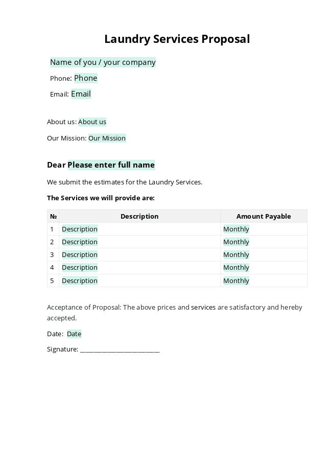 Laundry Service Proposal form