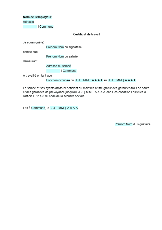 Formulaire certificat de travail
