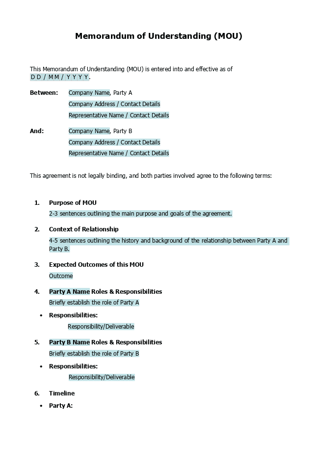 Memorandum of understanding (MOU) form