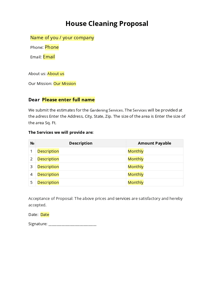 House Cleaning Service Proposal form
