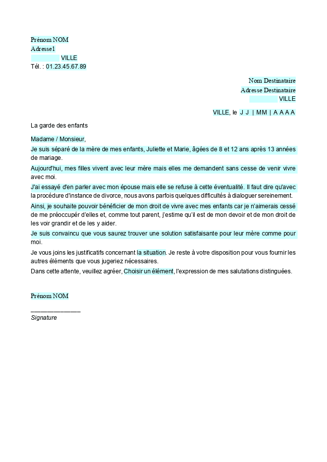 Formulaire lettre au juge aux affaires familiales