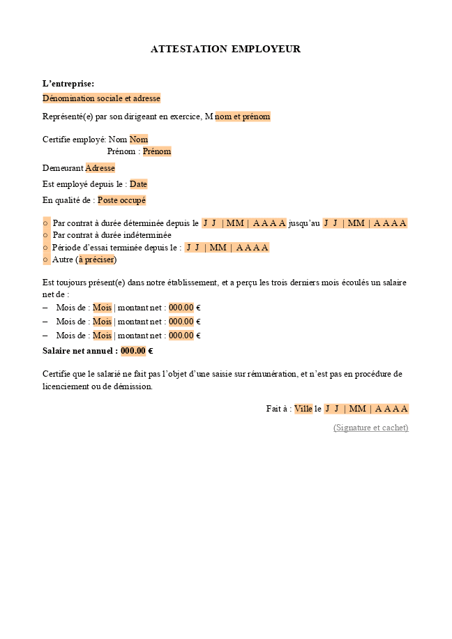 Formulaire attestation de l’employeur