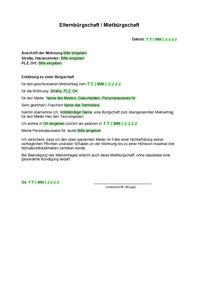 Formular für Elternbürgschaft