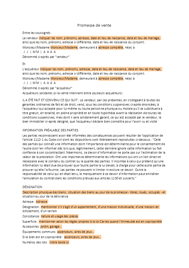 Formulaire promesse de vente