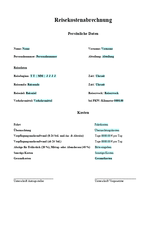 Formular für Reisekostenabrechnung