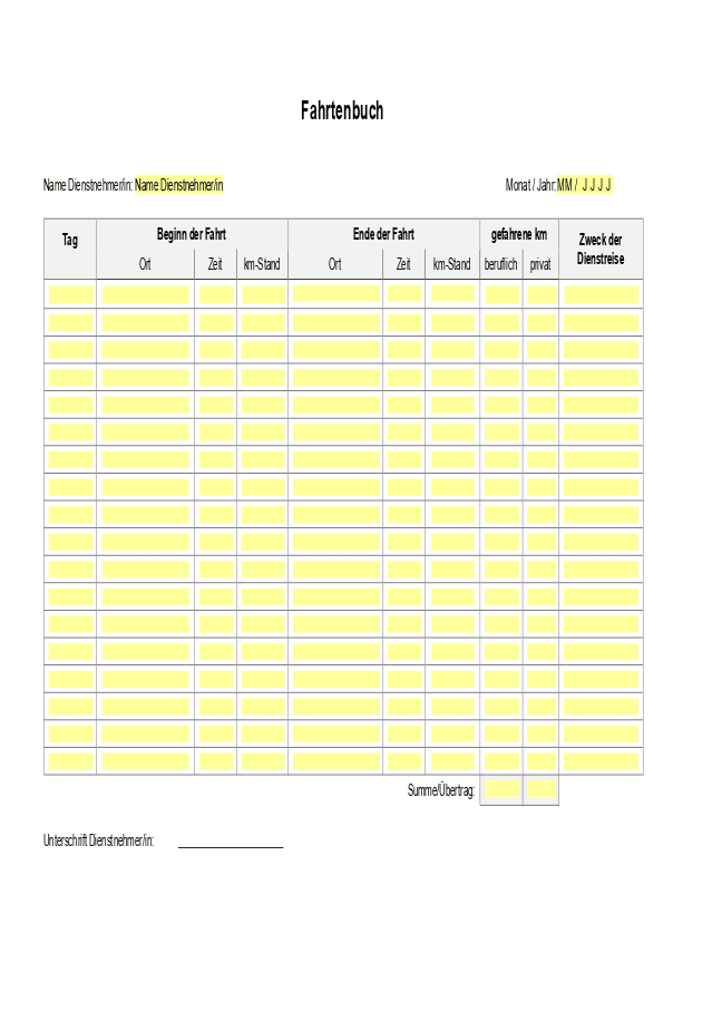 Formular für Fahrtenbuch