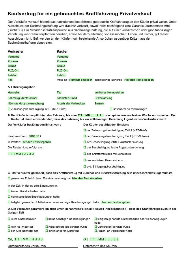 Formular eines Kaufvertrags für ein gebrauchtes Auto