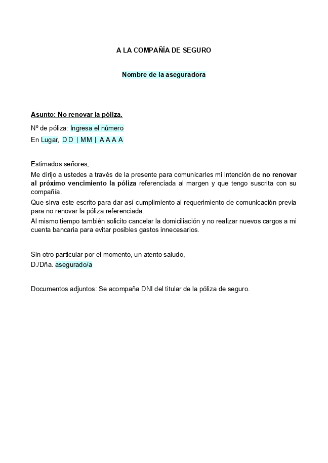 Formulario Carta para dar de baja un seguro