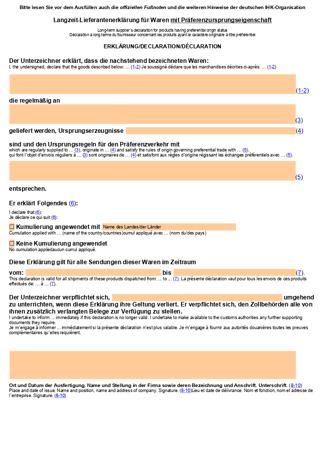 Formular für Langzeit-Lieferantenerklärung