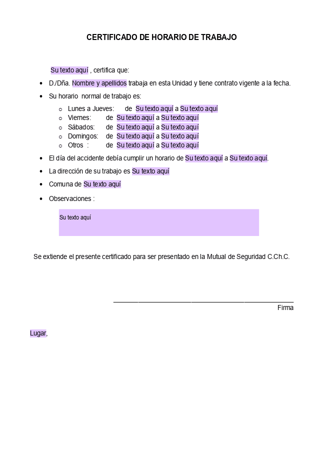 Formulario Certificado de horario laboral
