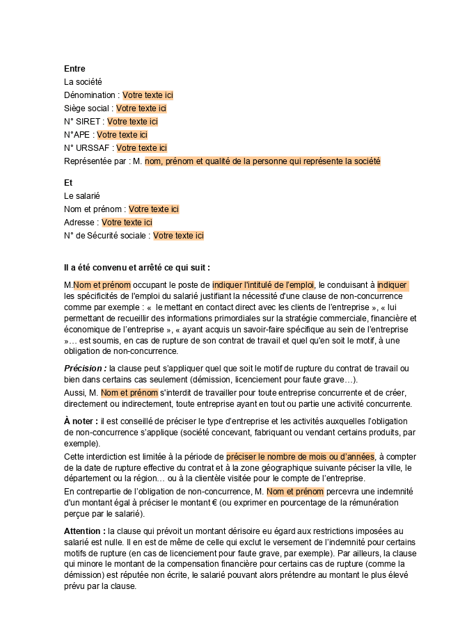 Formulaire clause de non-concurrence