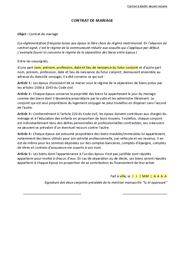 Formulaire contrat de mariage