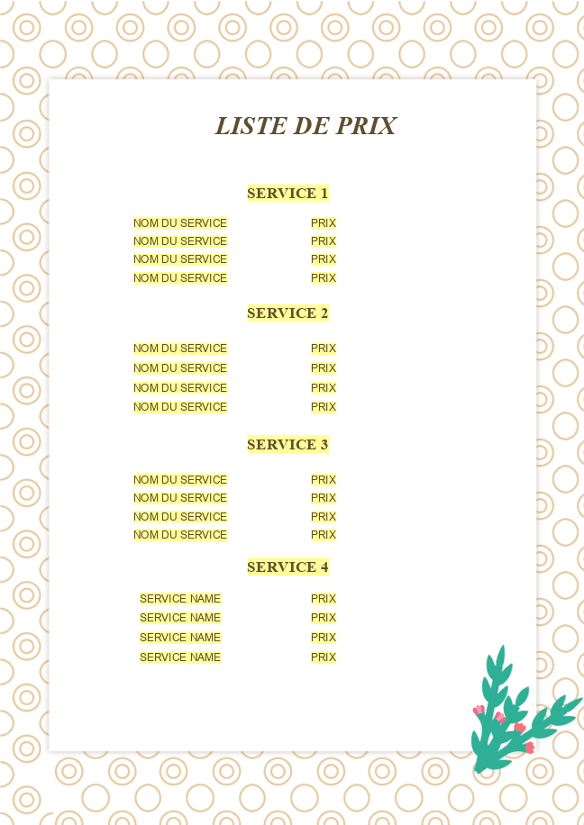 Formulaire de liste de prix de maquillage 2