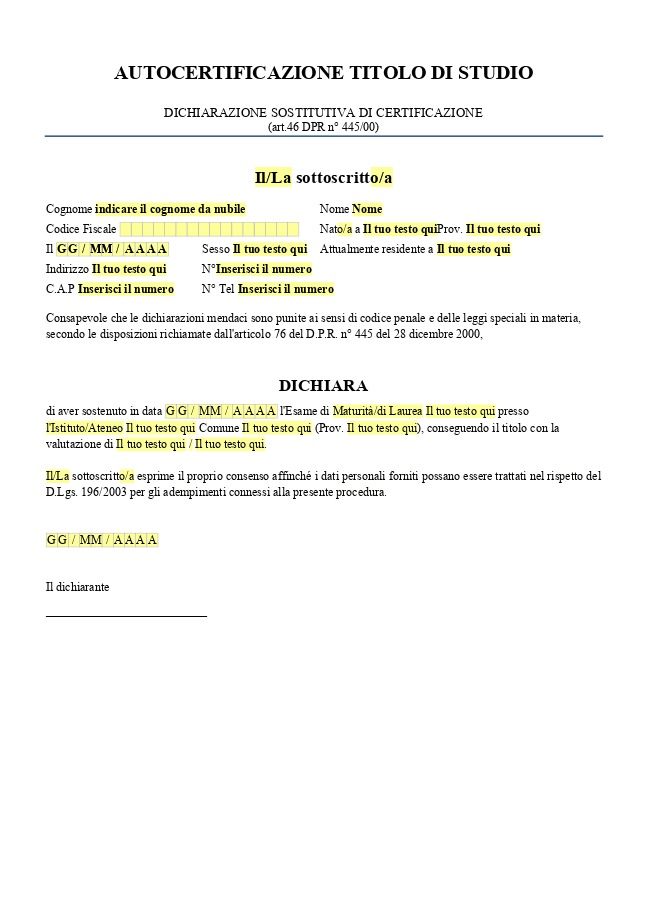 Modulo Autocertificazione del titolo di studio