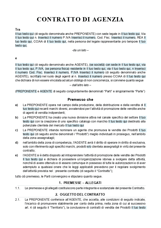 Modulo Contratto di agenzia