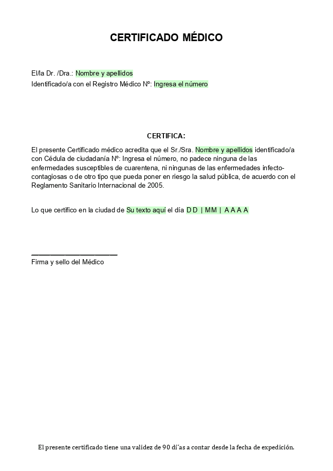 Formulario Certificado médico
