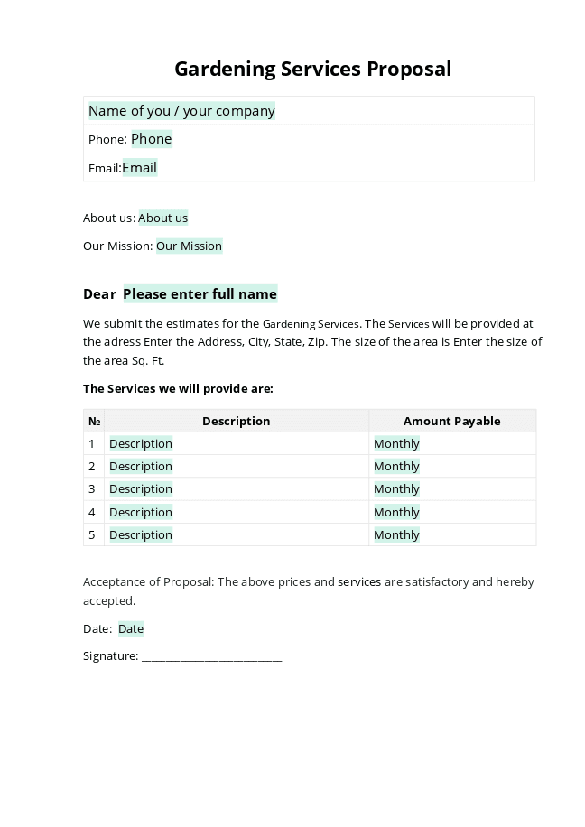 Gardening Service Proposal form