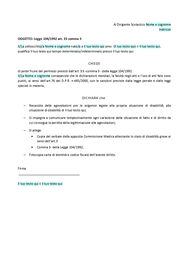 Modulo richiesta benefici legge 104/92