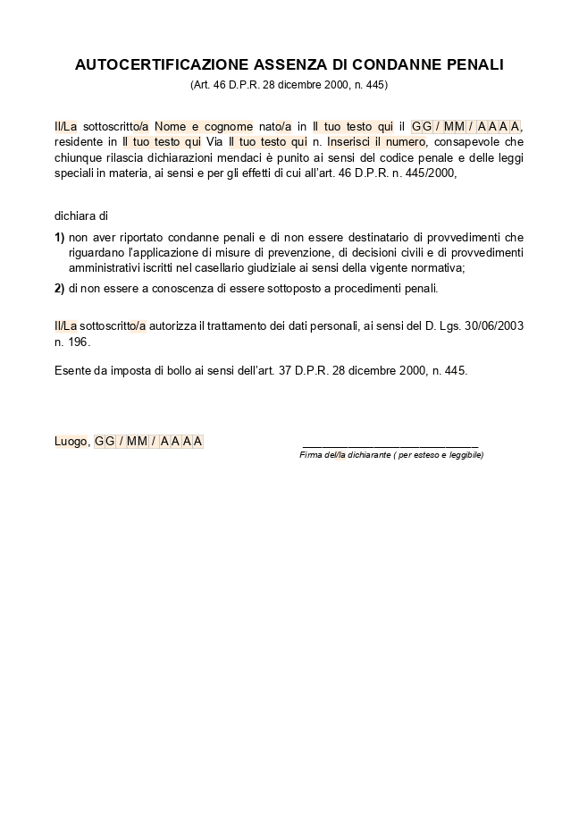 Modulo Autocertificazione assenze condanne