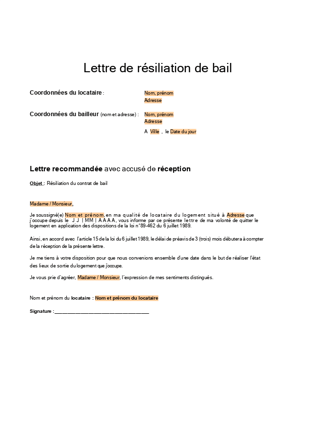 Formulaire lettre de résiliation de bail