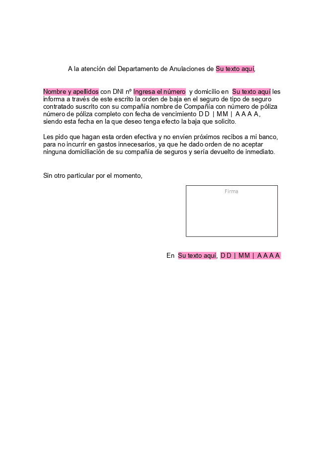 Formulario Carta para dar de baja un seguro de coche