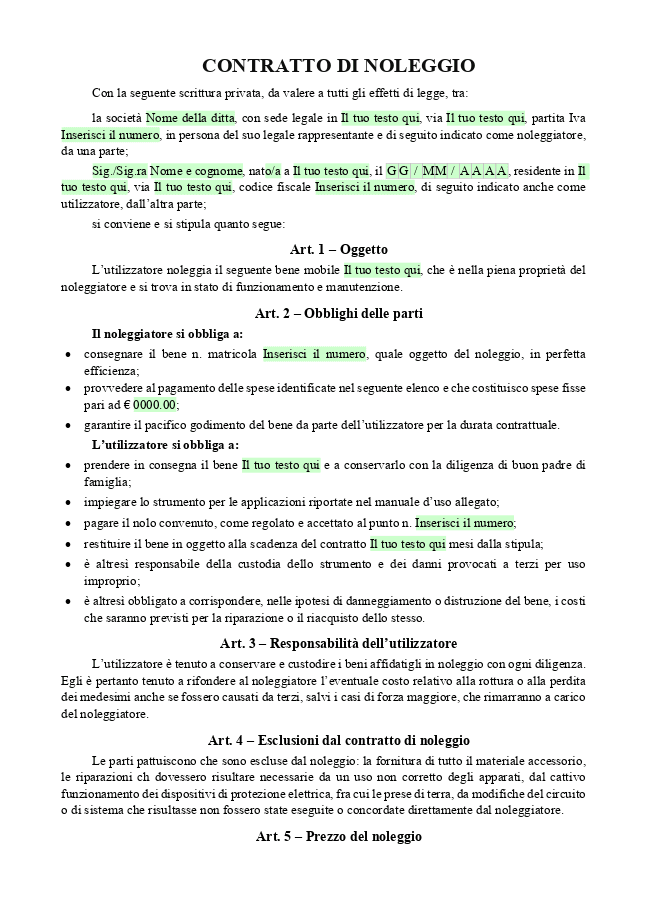 Modulo Contratto di noleggio