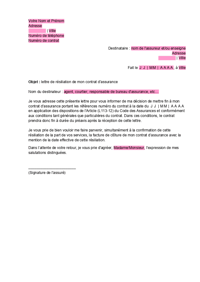 Formulaire lettre de résiliation d'assurance