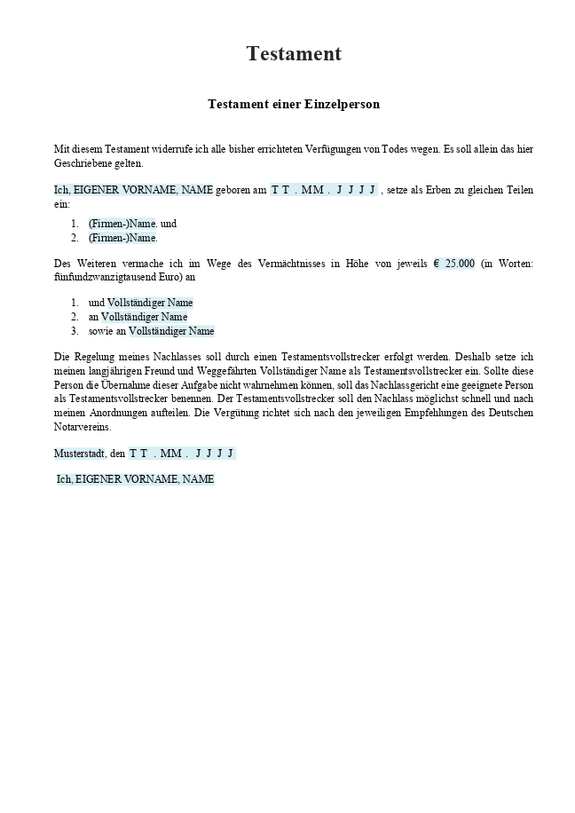 Formular für Testament