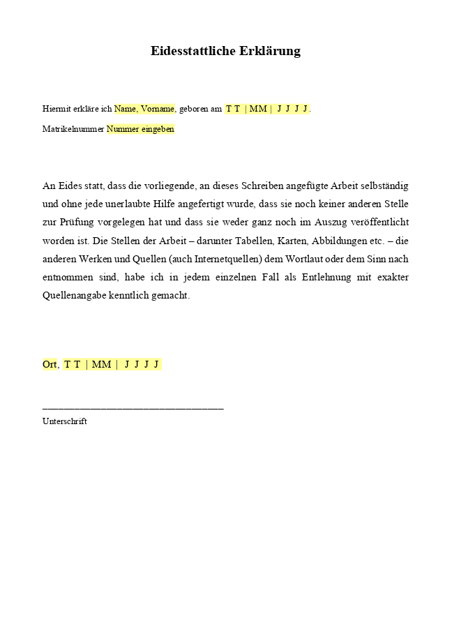 Vorlage für eidesstattliche Erklärung