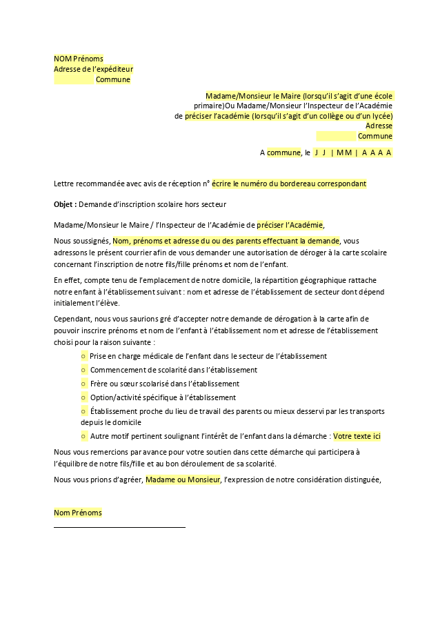 Formulaire demande de dérogation scolaire