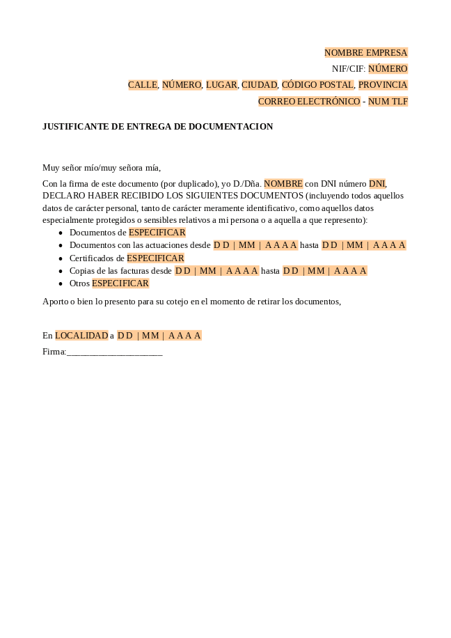 Formulario Acuse de recibo de entrega de documentación