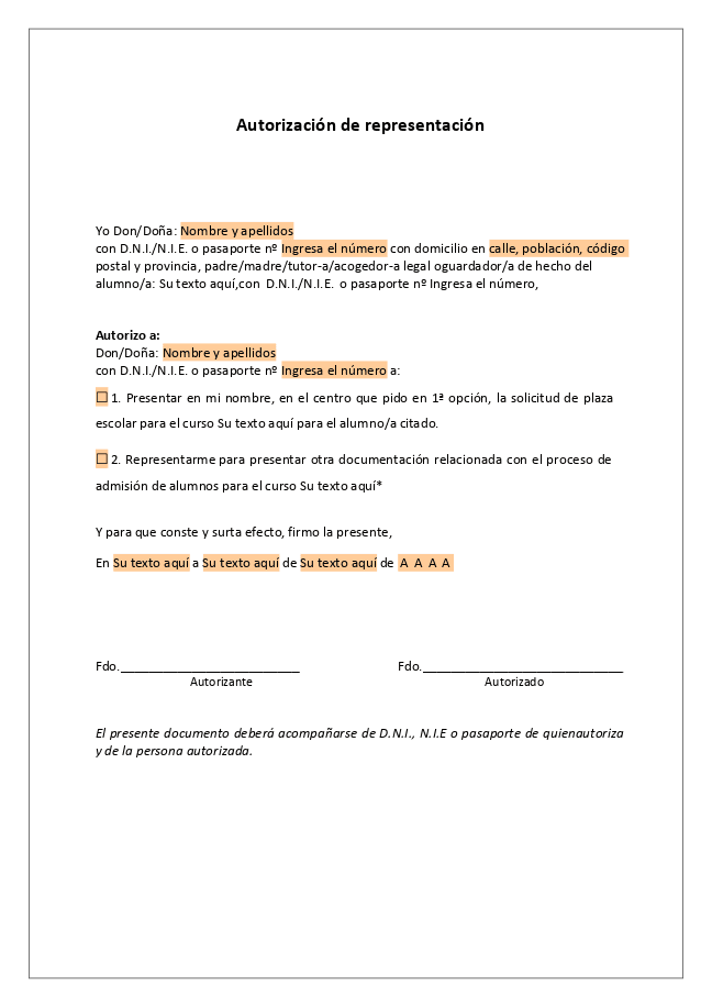 Formulario Autorización de representación