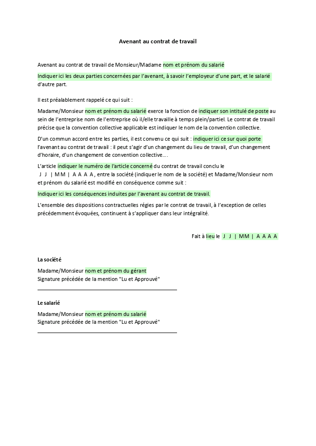 Formulaire avenant au contrat de travail