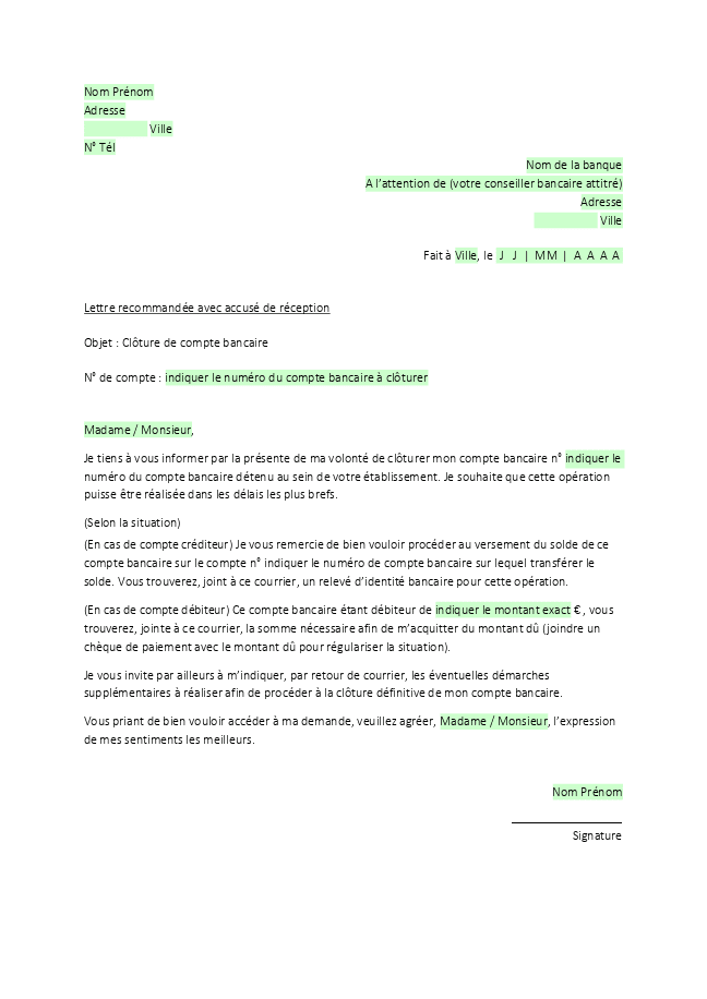 Formulaire lettre de clôture de compte