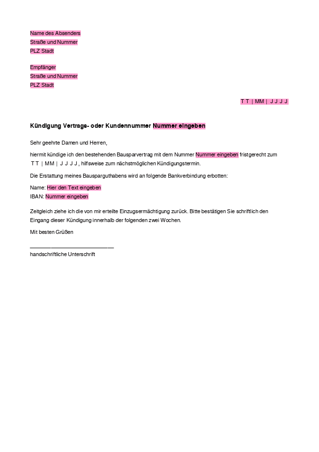 Formular vom Antrag auf Kündigung eines Bausparvertrags