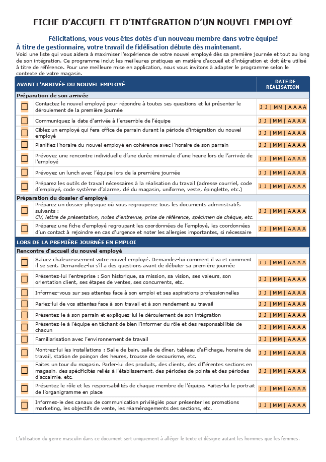 Formulaire fiche d'intégration d'un nouveau salarié