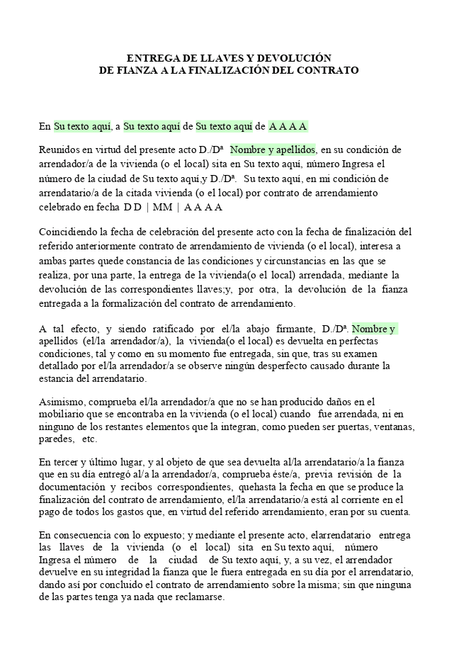 Formulario Devolución de la fianza de alquiler