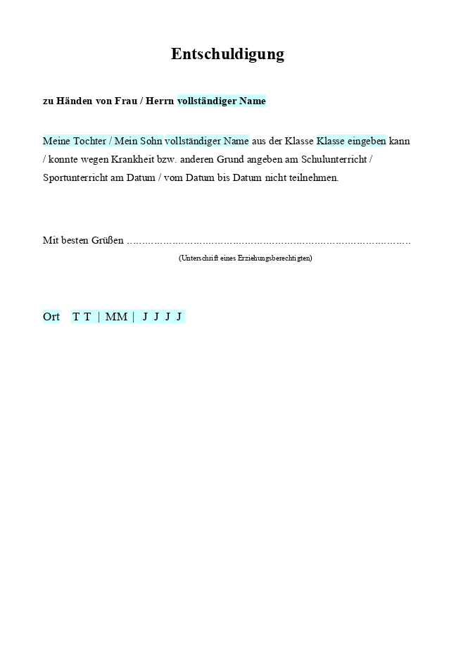 Entschuldigung für die Schule